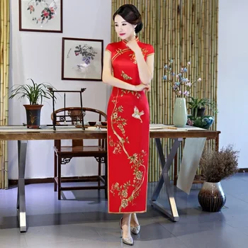 Красный Зеленый Китайское платье Стрейч Cheongsam Свадебное платье Вышивка Ао Дай Вьетнам Qipao Длинное платье Магазин китайской одежды FF1518