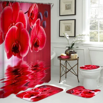 красный цветок ткань занавеска для душа цветы отражение шторы для ванной комнаты нескользящий ковер фланелевый чехол для унитаза коврики для ванной домашний декор