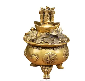 Латунная большая пятисторонняя чаша с сокровищами бога богатства, курильница, тисненое ремесло, бронзовые украшения