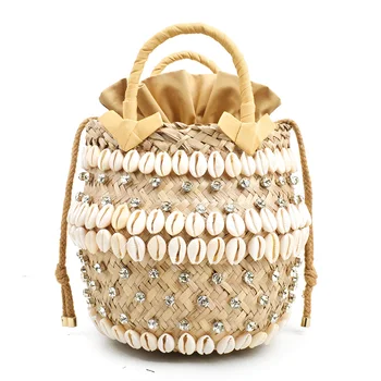  лето 2022 новая праздничная пляжная сумка с жемчугом Женское плетеное ведро Бриллиантовая сумка Shell Дизайнерские горячие сумки