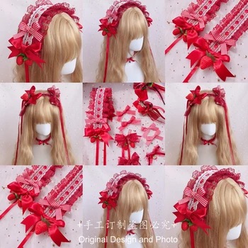Лолита Клубничный джем Шпилька Японская повязка для волос Красный кружевной бант