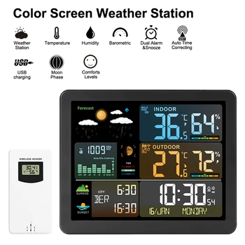 Метеостанция для внутреннего наружного цифрового термометра с цифровыми часами Монитор температуры и влажности с прогнозом погоды с 1 датчиком