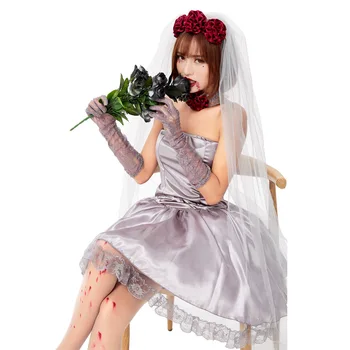 Мода Вампир Зомби Косплей Призрачный Костюм Невесты Хэллоуин Для Женщин Косплей Костюм Для Вечеринки Платье С Головным Убором