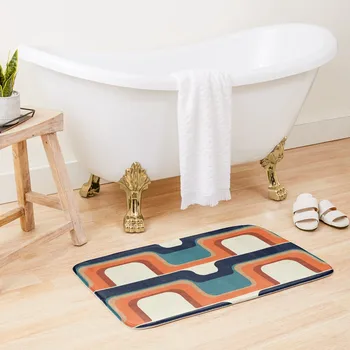 Модерн середины века встречается с оранжевым и синим ковриком для ванны 1970-х годов, напольным унитазом, противоскользящим ковром, коврами для ванной комнаты, ковриком для ванной комнаты