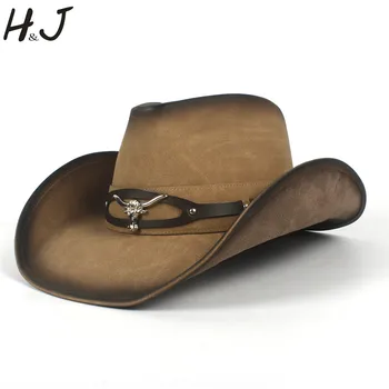 Модная мужская западная ковбойская шляпа для папы джентльмена 100% кожаные кепки Sombrero Hombre Jazz Размер 58-59 см