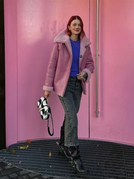 Модные розовые куртки из искусственной кожи для женщин Повседневные толстые пальто с длинным рукавом и лацканом 2023 осень-зима свободная шикарная женская верхняя одежда