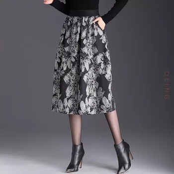 Модный принт Эластичная юбка с высокой талией Bud Женщины Весна Осень Элегантный Шик Свободный Повседневный Корейский Офис Леди Юбки 4XL Z3315