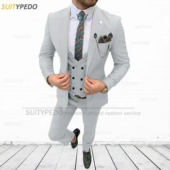 Модный светло-серый мужской костюм Slim Fit Business Prom Wedding Suit Куртка Жилет Брюки Набор из 3 предметов 2023 Формальные белые смокинги для мужчин