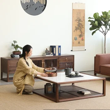  Мраморный чайный столик из массива дерева Квадрат Новый китайский стиль Большая квартира Скандинавская гостиная Бревенчатый низкий стол