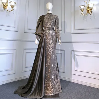 Мусульманский серый русалка вечерние платья 2023 Роскошные элегантные юбки из бисера Атлас для женщин Вечеринка BLA71543 Безмятежный холм