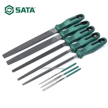 Набор из 8 металлических лотков SATA, содержащий плоские, полукруглые, круглые и квадратные файлы с эргономичными зелеными ручками-09910