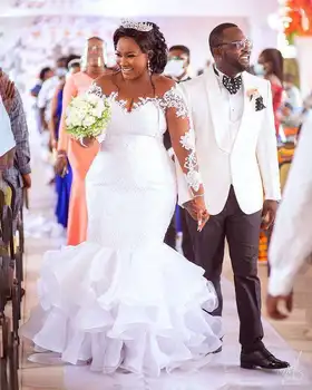  Новая мода Индивидуальное африканское свадебное кружевное русалка с длинными рукавами Свадебное платье невесты на заказ 2024