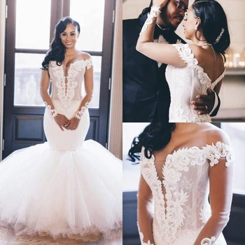 Новейшие элегантные свадебные платья русалки с длинными рукавами сексуальные кружевные свадебные платья на заказ Vestido de Noiva