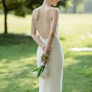 Новое простое свадебное платье с открытой спиной атлас со шлейфом сексуальное свадебное платье женские бретели на тонких бретелях Vestidos de Novia Vestido Novia