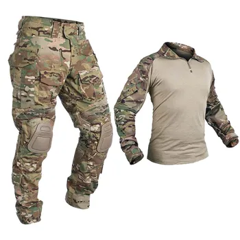 Новый тактический костюм для мужчин Униформа Мужские пейнтбольные костюмы Тактическая военная одежда для страйкбола + накладки Несколько карманов Армейский камуфляж США