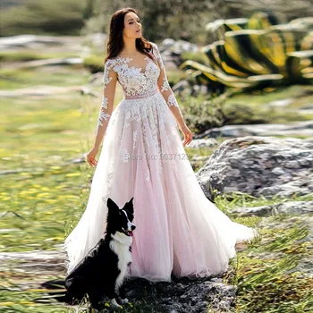 очаровательные розовые свадебные платья с длинным рукавом тюль свадебное платье прозрачная шея кружевные аппликации сексуальные платья невесты Vestido De Noiva