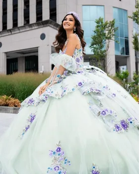 Пастельный рай Pprincess Quinceanera Платья с длинным рукавом 3D цветочная вышивка vestidos дебютантки 15 anos