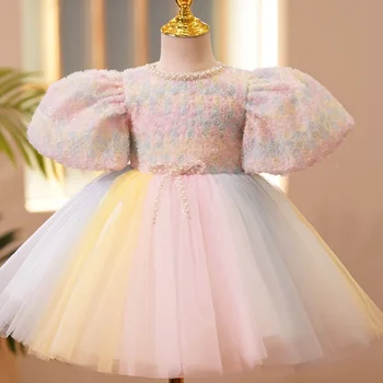Платья на день рождения для девочек Детская одежда Принцесса Бант Бальное платье Девушка Цветочные платья Жемчуг O-образный вырез Дизайн Пышный рукав Милое вечернее платье