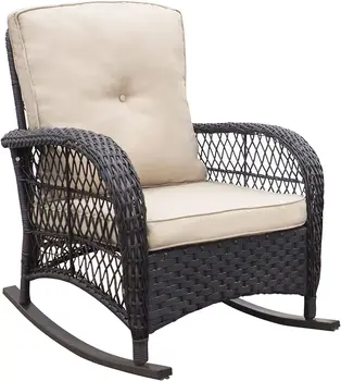 Плетеное кресло-качалка для патио, кресло-качалка из ротанга на крыльце с мягкими подушками, хаки