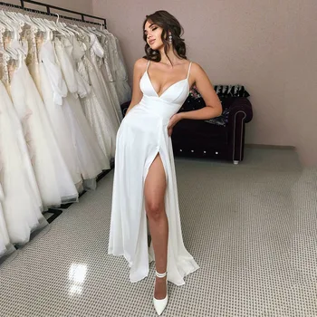 Простые пляжные свадебные платья A Line V-образный вырез Платье невесты Спагетти Бретели Боковой разрез Элегантный Настроить по размерам Элегантный халат