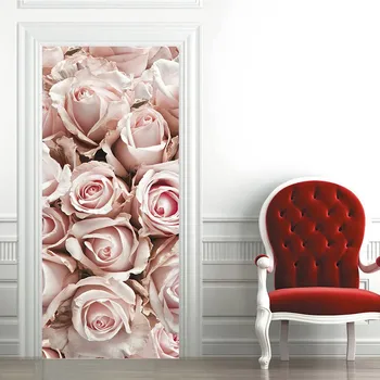  Розовый цветок Украшение дома Дверные наклейки Светлый цвет Растения Спальня Украшение гостиной Дверные наклейки Водонепроницаемый набор из двух частей