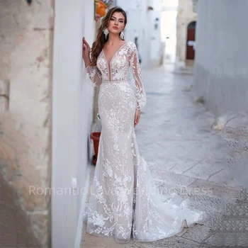 Роскошные свадебные платья из тюля русалки с открытой спиной Кружевная аппликация с длинным рукавом Botton V-образным вырезом Белое свадебное платье vestidos de novia 2024