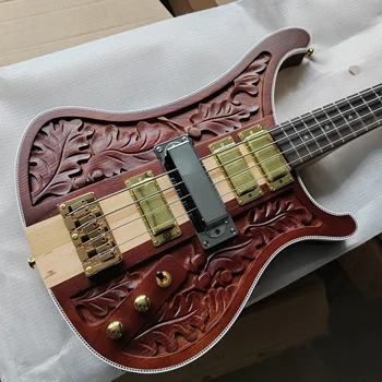 Ручная 4-струнная электрическая бас-гитара ручной работы с ЧПУ Резная коричневая вязовая деревянная с золотым оборудованием Профессиональный уровень