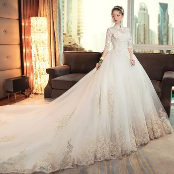 Свадебное платье 2023 Новый Hepburn Bride Стоячий воротник Ретро Длинный хвост Женские рукава принцессы