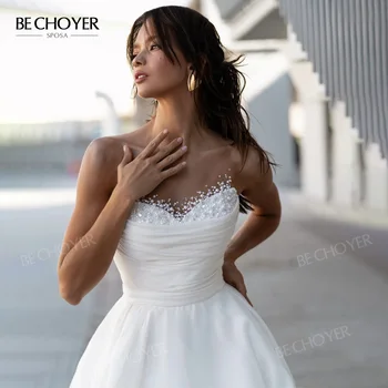 Свадебное платье Атласный жемчуг A-Line Шикарное платье невесты 2024 Придворный поезд Принцесса BECHOYER NR313 Открытая спина Vestido de Noiva