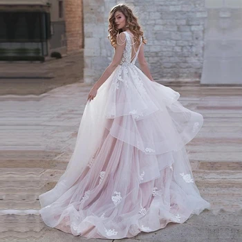Светло-розовые кружевные свадебные платья в стиле бохо с открытой спиной Пляжное платье невесты без рукавов Свадебные платья с открытой спиной Vestido de noiva