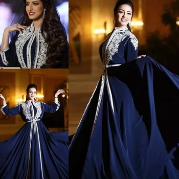 Синий марокканский кафтан кафтан мусульманские вечерние платья А-силуэт рукава 3/4 шифоновые аппликации Дубай Арабский Турция Абая Исламское платье