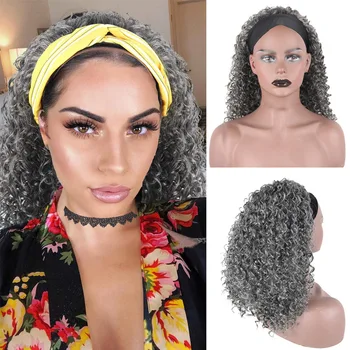 Синтетические афро кудрявые серые повязки на голову парики глубоководная волна натуральные волосы для черных женщин накладные волосы средний прикрепленный шарф парик 16 дюймов