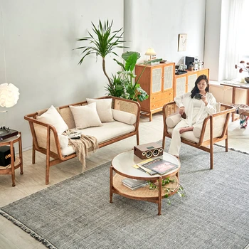 скандинавский ретро-диван из ротанга небольшой семейный двухместный диван комбинация современных простых стульев из ротанга из массива дерева