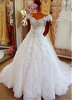 Удивительный тюль с открытыми плечами V-образным вырезом Свадебные платья Придворный поезд Бальное платье на заказ Vestidos de Novia с кружевными аппликациями