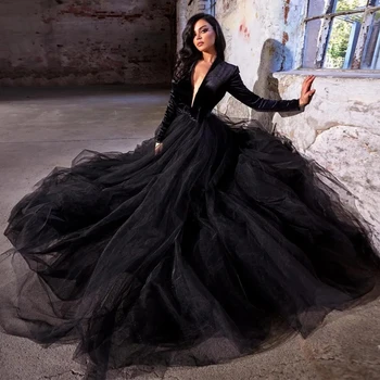 французский черный выпускные платья готический тюль очаровательные женские вечерние платья с глубоким V-образным вырезом и длинными рукавами с бантом Met Gala 2023