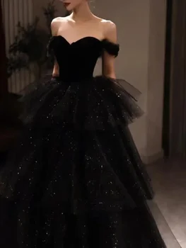 французский элегантный талия черный вечернее платье на одно плечо день рождения выпускное платье сексуальное простое бальное платье плиссированное сетчатое свадебное платье