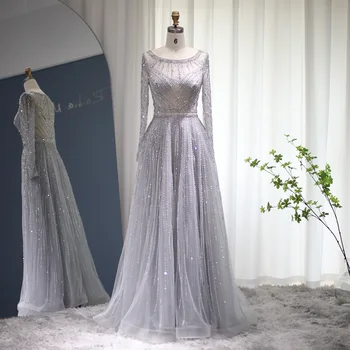Шэрон Саид Роскошное серебристо-серое вечернее платье в Дубае для женщин 2023 Свадебная вечеринка Элегантные мусульманские вечерние платья из бисера SS304