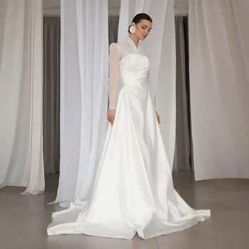 Элегантное V-образное вырез Плиссированное свадебное платье Простое свадебное платье с длинным рукавом для женщин Sweep Court A-line Свадебное платье vestidos novia
