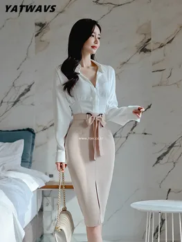  Элегантный набор из двух частей Женский дизайн Рубашка с тонким лацканом + бант Облегающая юбка-карандаш с высокой талией Корейская леди Офисный костюм